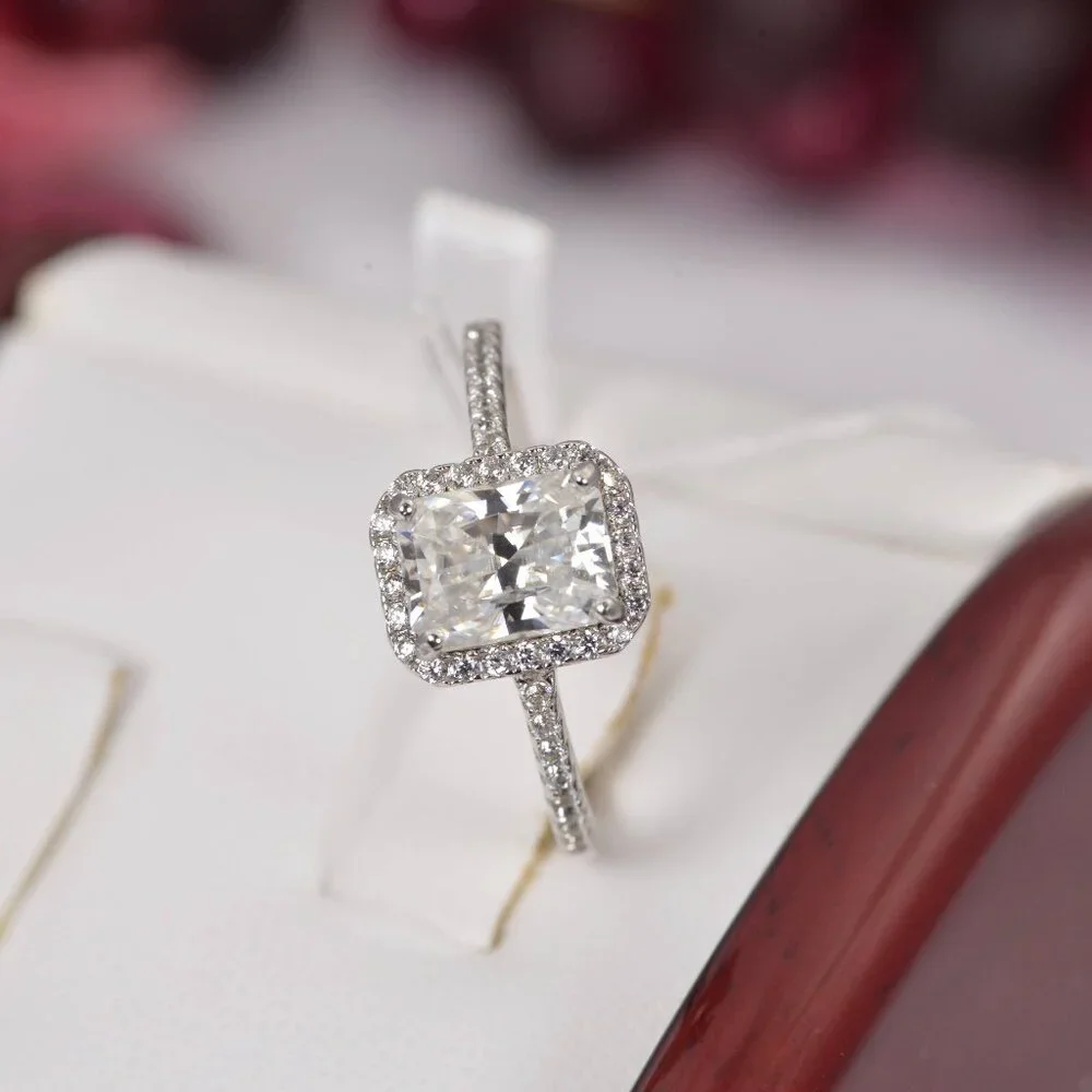 Certified 2.0 ct Halo Radiant Cut Moissanite Engagement Ring 925 Sterling
